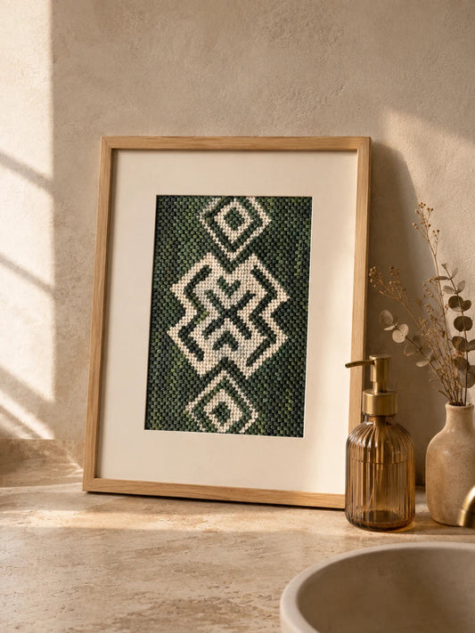 Cuadrito Herbario bordado sobre cañamazo, terminado y enmarcado, en verde oscuro y menta — Ms. Bordados