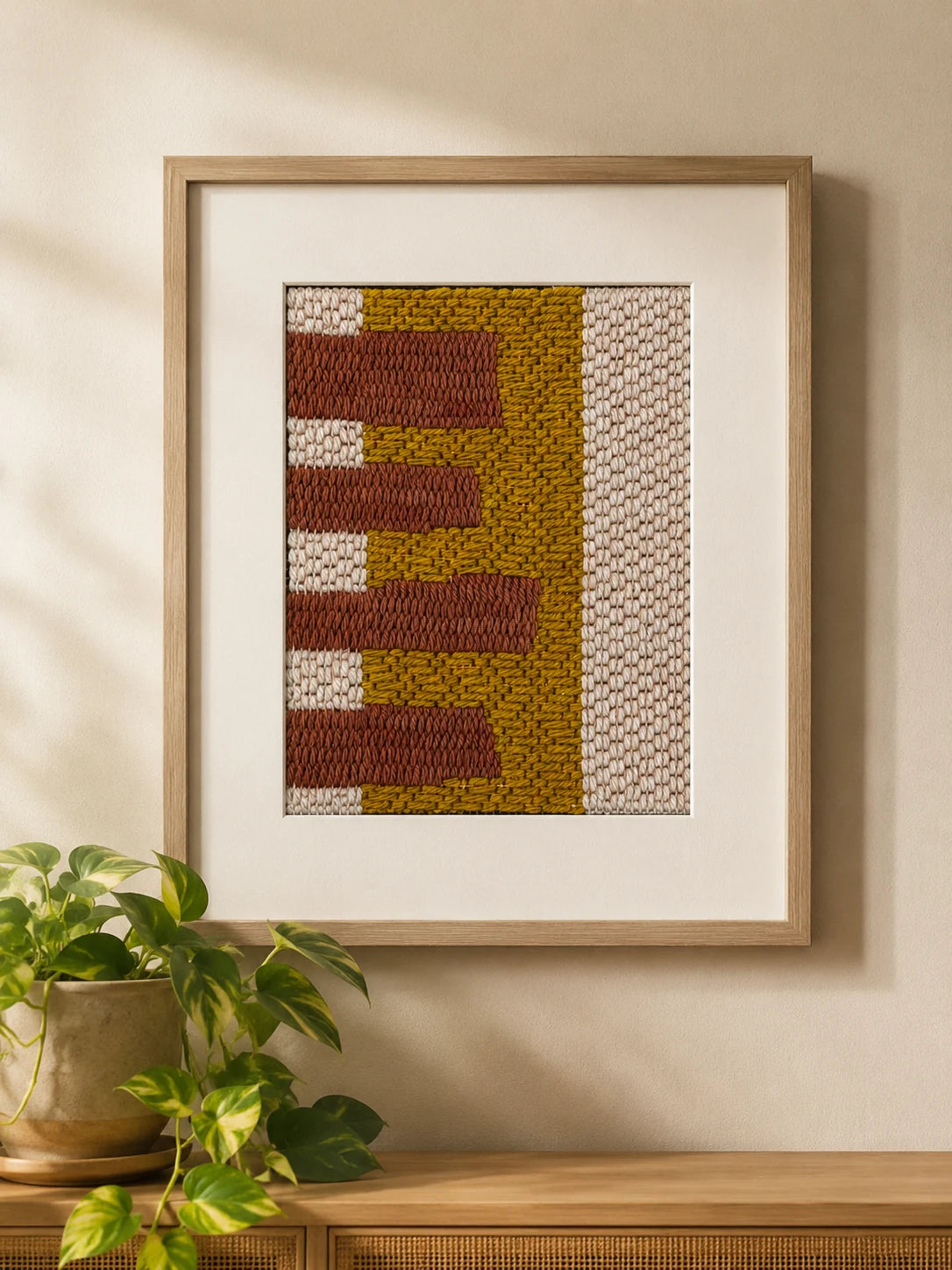 Cuadrito Telar bordado sobre cañamazo, terminado y enmarcado, en mostaza, cobre y beige — Ms. Bordados