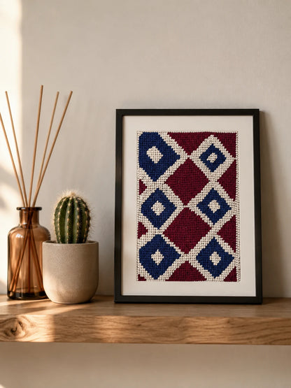 Cuadrito Vitral bordado en petit point, terminado y enmarcado, en azul, bordó y beige — Ms. Bordados