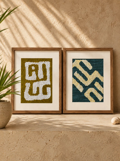 Cuadritos Kuba Tribal y Sabana bordados sobre cañamazo, enmarcados — Ms. Bordados