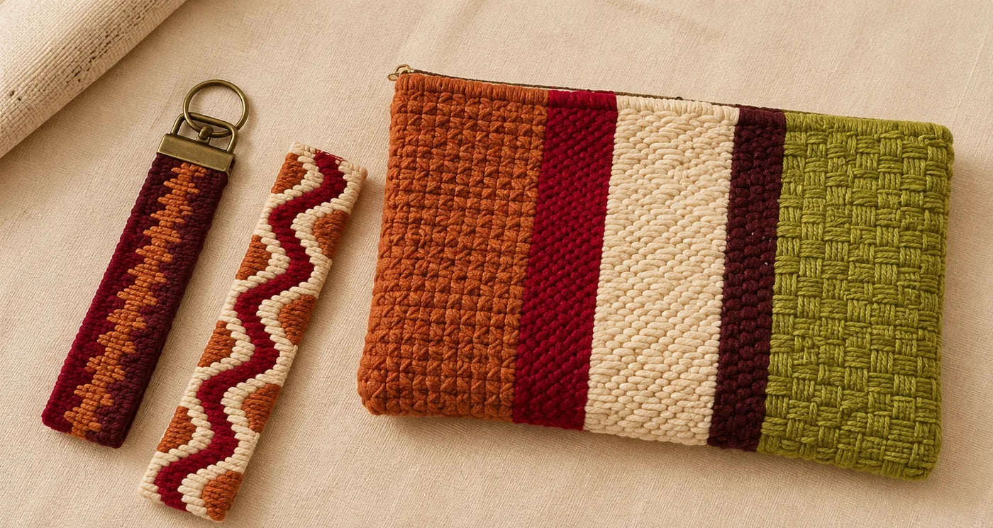 Llaveros y bolsito bordados sobre cañamazo — kits para principiantes de Ms. Bordados