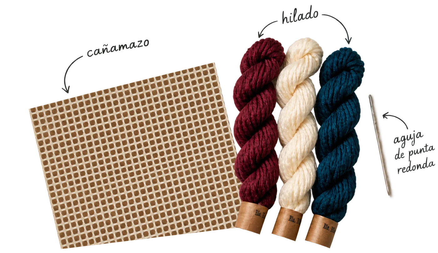 Los 3 materiales para bordar sobre cañamazo: cañamazo, hilado y aguja de punta redonda — Ms. Bordados
